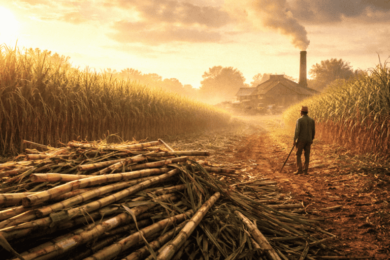 Farm worker in sugarcane field during sunset with smoke in the background, rural agricultural scene.