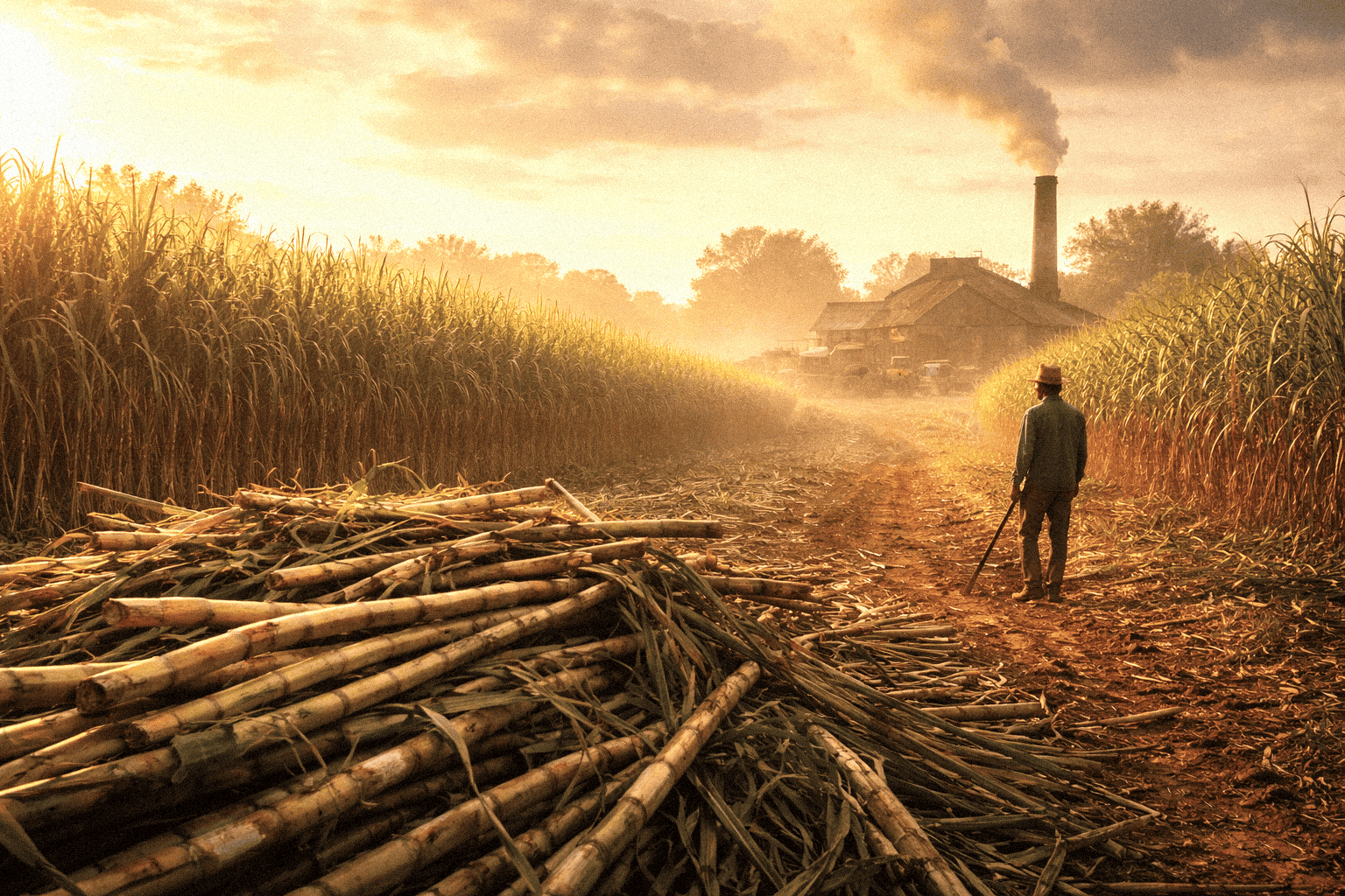 Farm worker in sugarcane field during sunset with smoke in the background, rural agricultural scene.