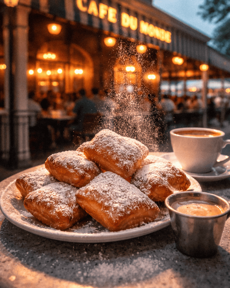 Fresh cooked beignets dusted with powdered sugar served with coffee at Café du Monde.