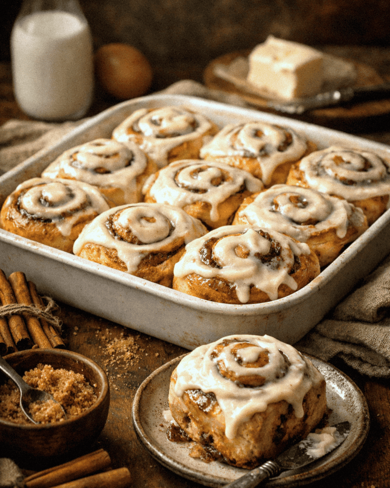 Cream cheese cinnamon rolls with icing in a baking dish, ready to serve.
