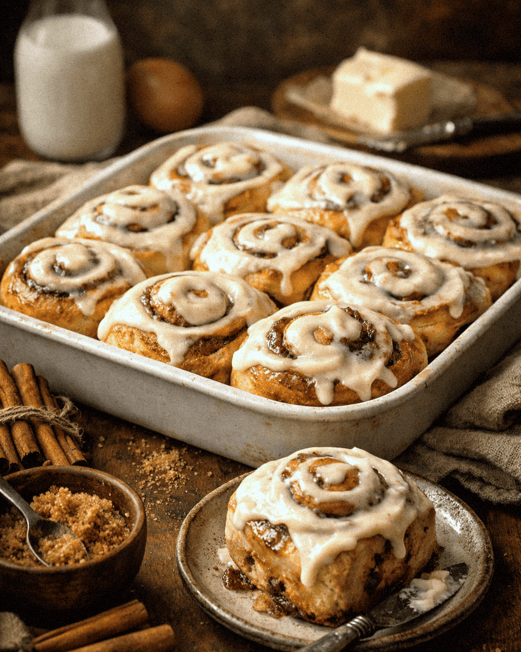 Cream cheese cinnamon rolls with icing in a baking dish, ready to serve.