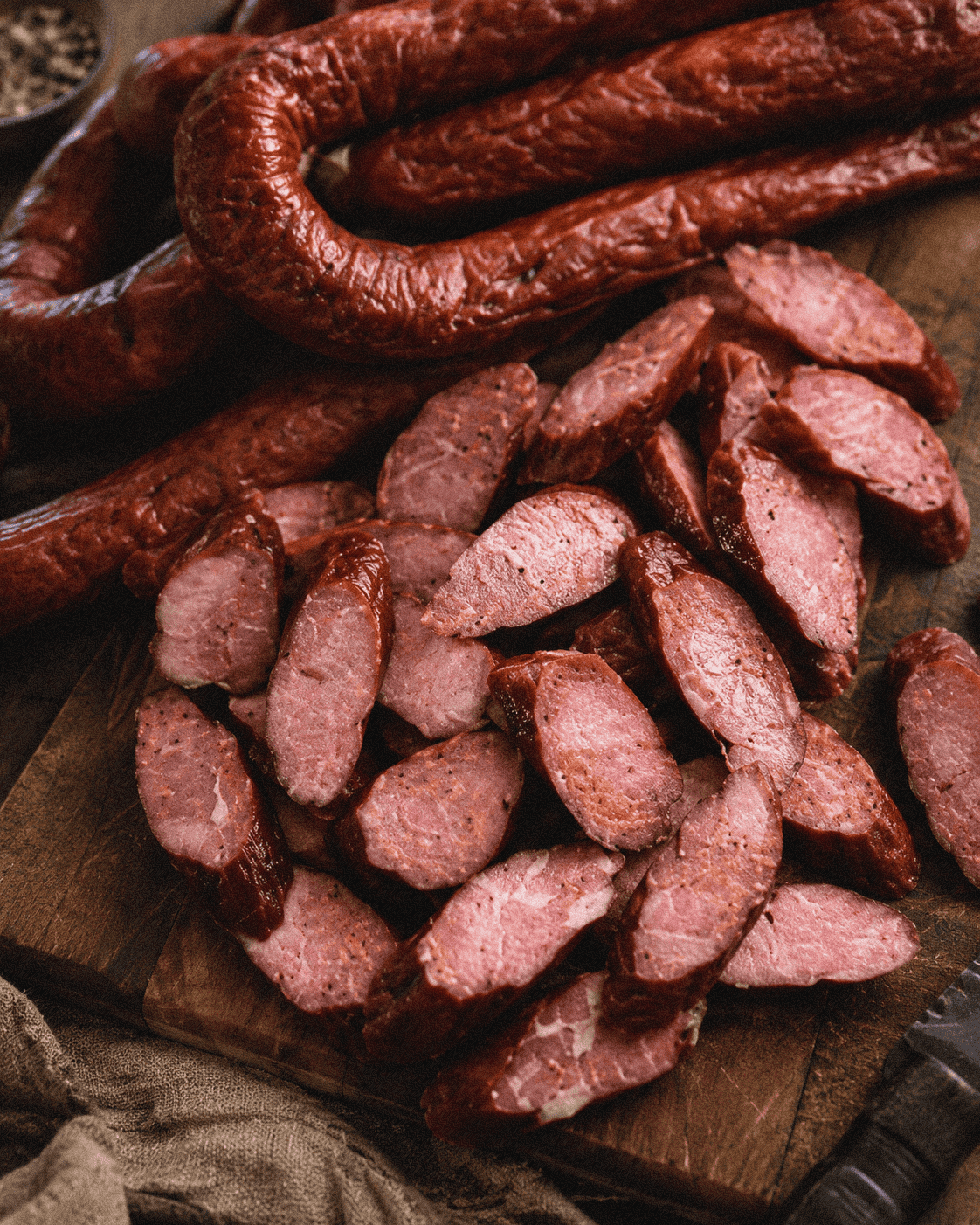 Smoked sausage and sliced meat on a wooden cutting board, perfect for barbecue or charcuterie.