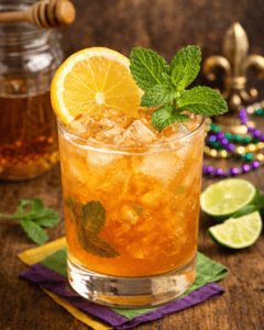 Refreshing honey bourbon and citrus cocktail with lemon, lime, and mint garnishes in a glass. Perfect for summer drink.