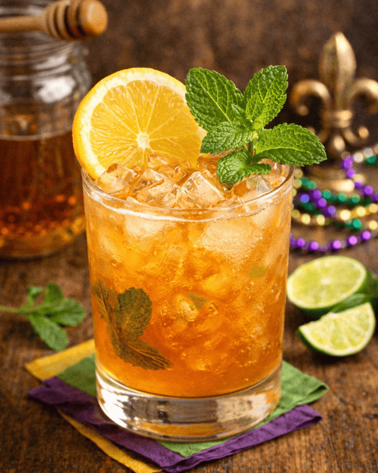 Refreshing honey bourbon and citrus cocktail with lemon, lime, and mint garnishes in a glass. Perfect for summer drink.