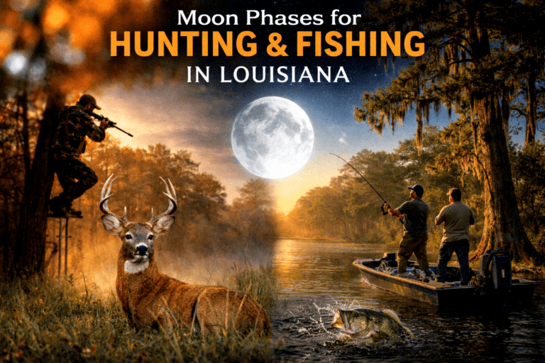 Louisiana moon phases for hunting and fishing, with anglers and deer in natural setting.
