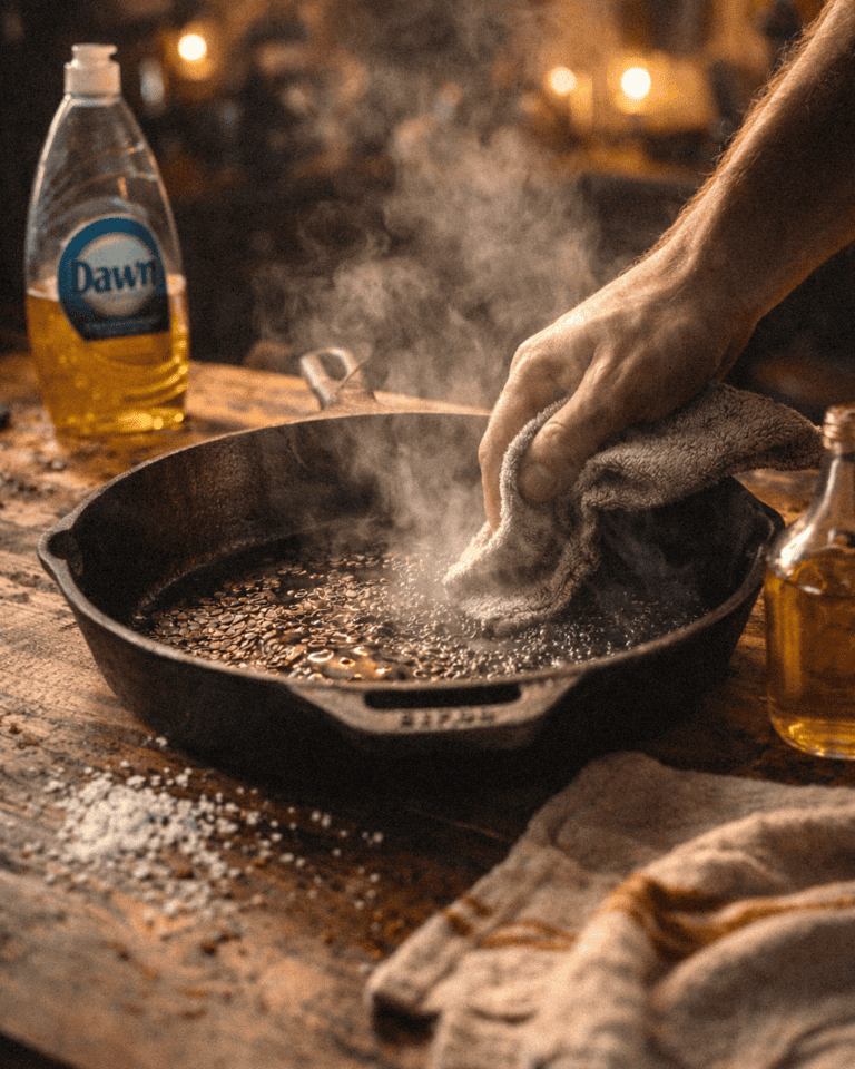 Cleaning a cast iron skillet with steam rising, hand wiping surface, rustic kitchen setting.