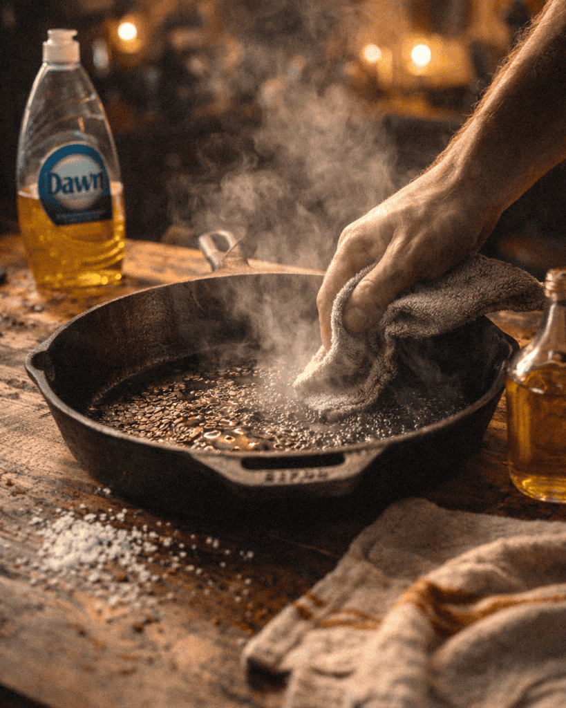 Cleaning a cast iron skillet with steam rising, hand wiping surface, rustic kitchen setting.