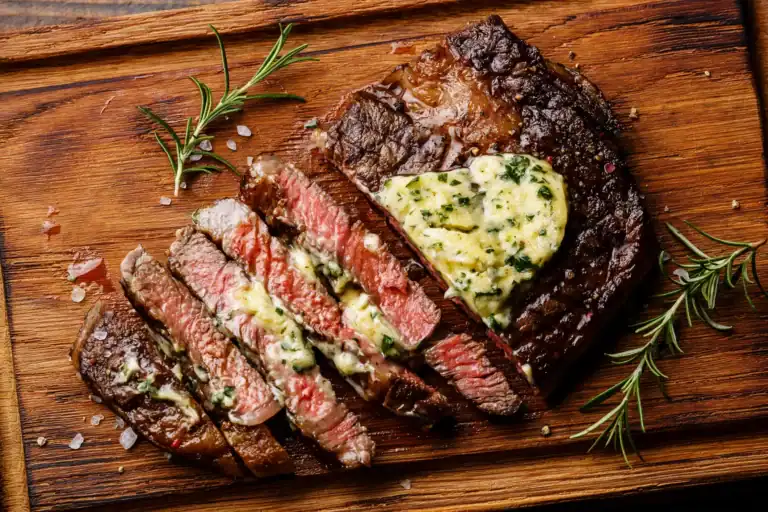 Juicy grilled steak topped with herb butter, sliced and served on a wooden board.