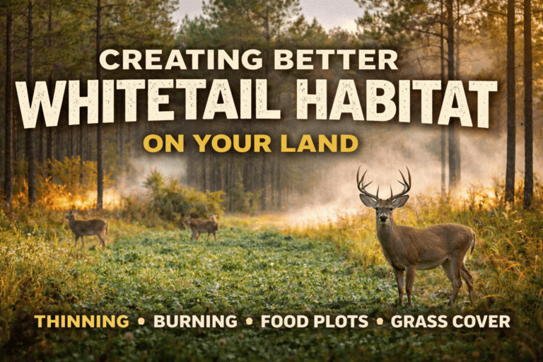 Whitetail deer in a forest clearing, promoting habitat improvement techniques.