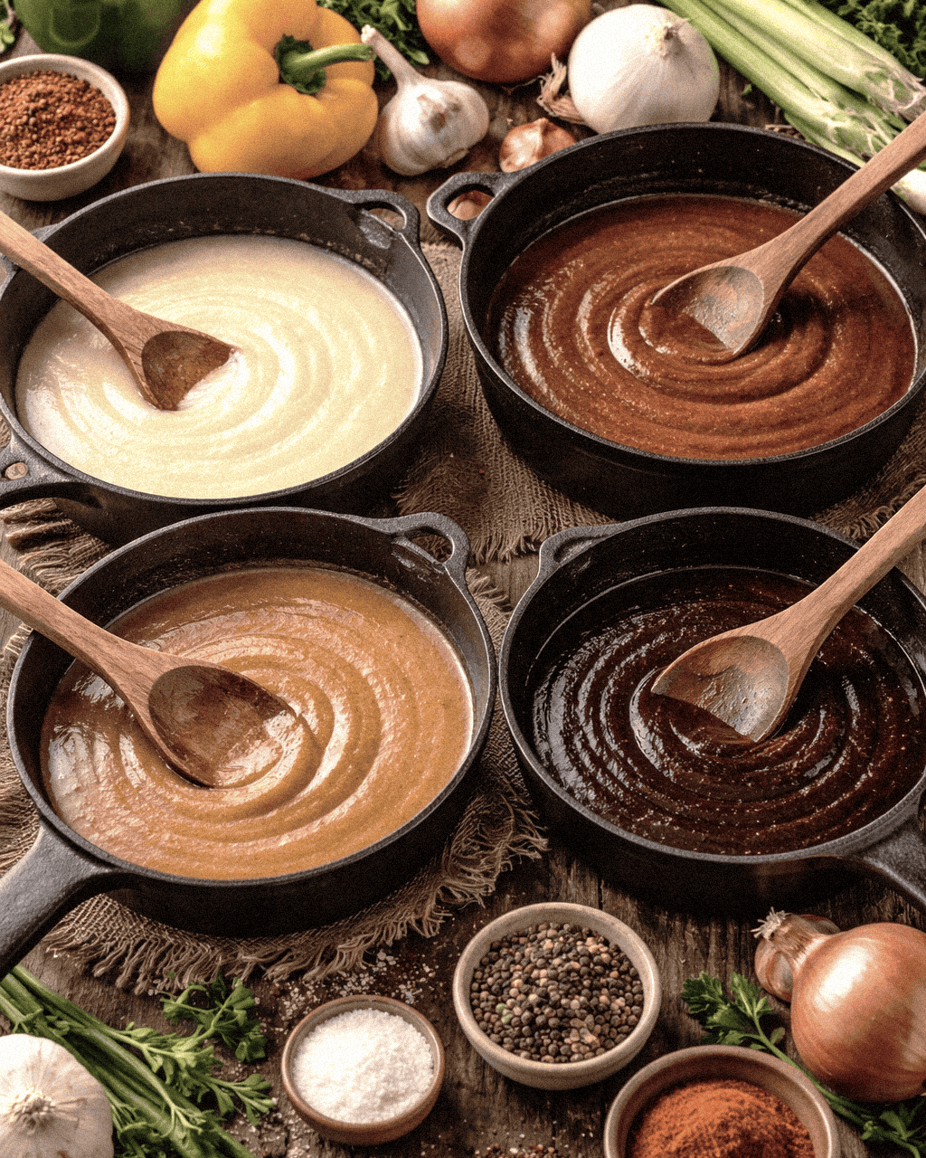 Different color Roux made in cast iron skillets for Louisiana dishes with fresh garlic, onions, and spices for cooking.