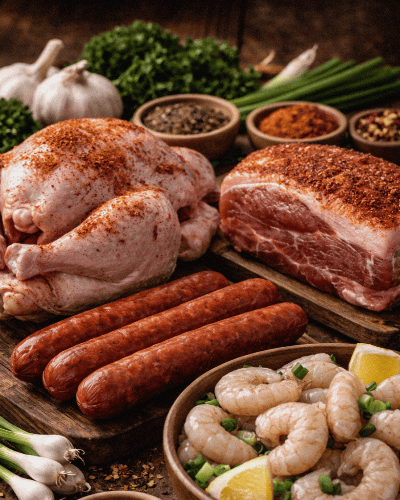 Seasoned chicken, sausages, pork, shrimp, garlic, herbs, and spices on a rustic wooden table getting ready to make Jambalaya.