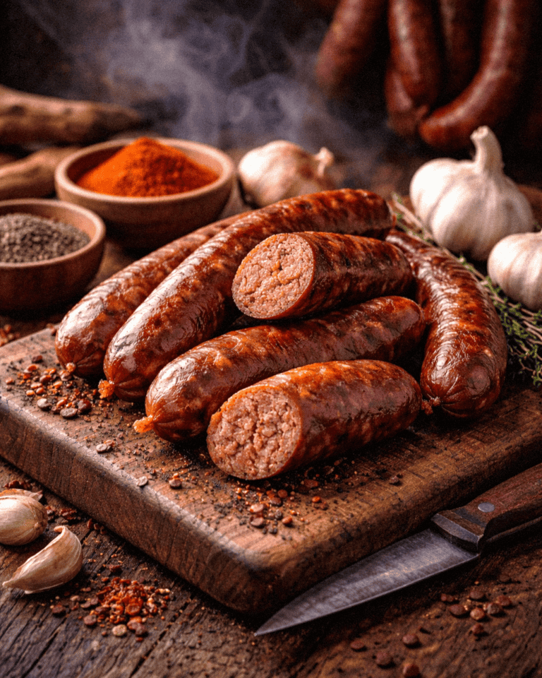 A sausage platter with grilled sausages, garlic, spices, and herbs on a wooden cutting board.