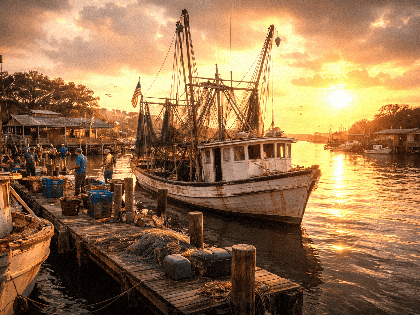 Coastal Louisiana Shrimp boat docked at sunset with warm golden light reflecting on the water.