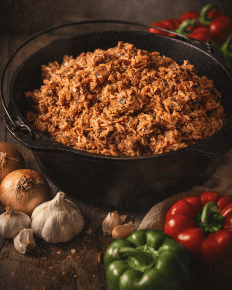 A flavorful pot of seasoned Jambalaya with peppers and garlic on a rustic table.