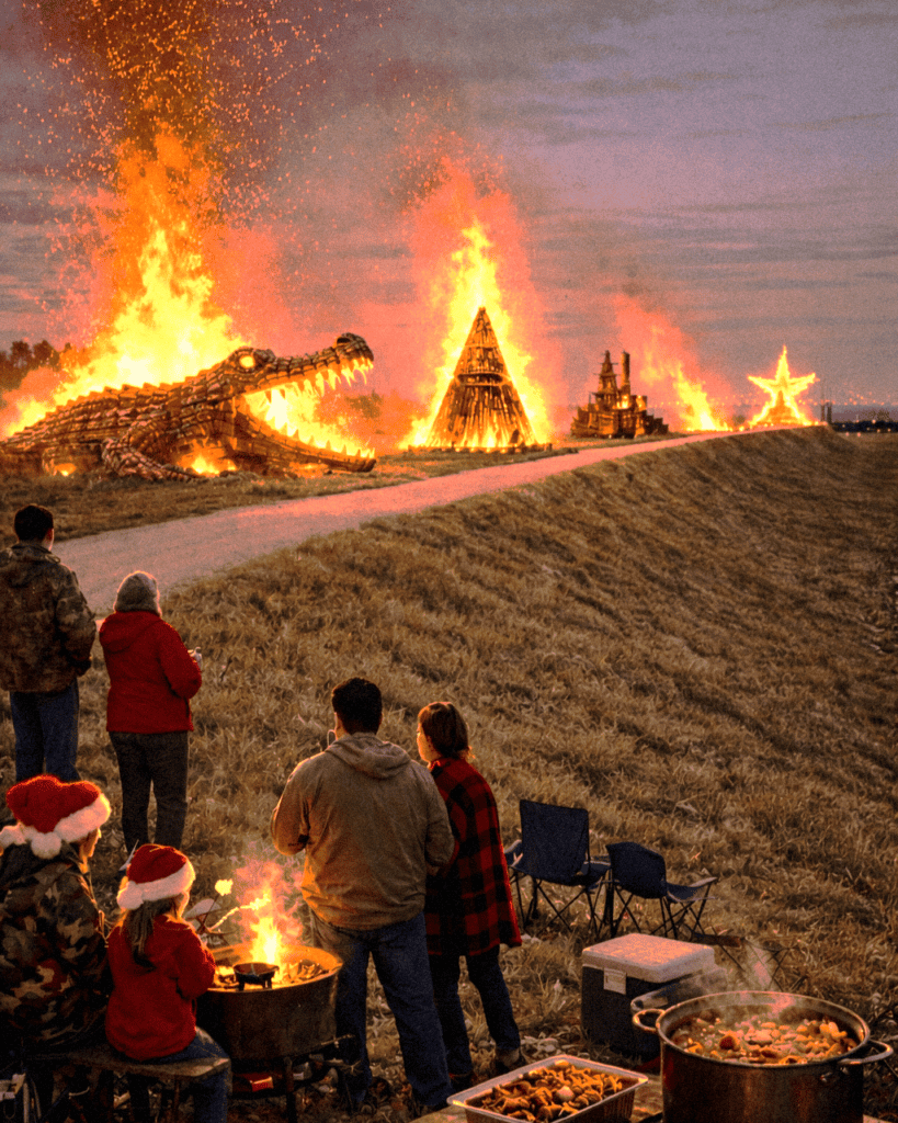 Holiday bonfire scene on the levee in Louisiana with fireworks, alligator shaped bonfire burning, and people celebrating outdoors.