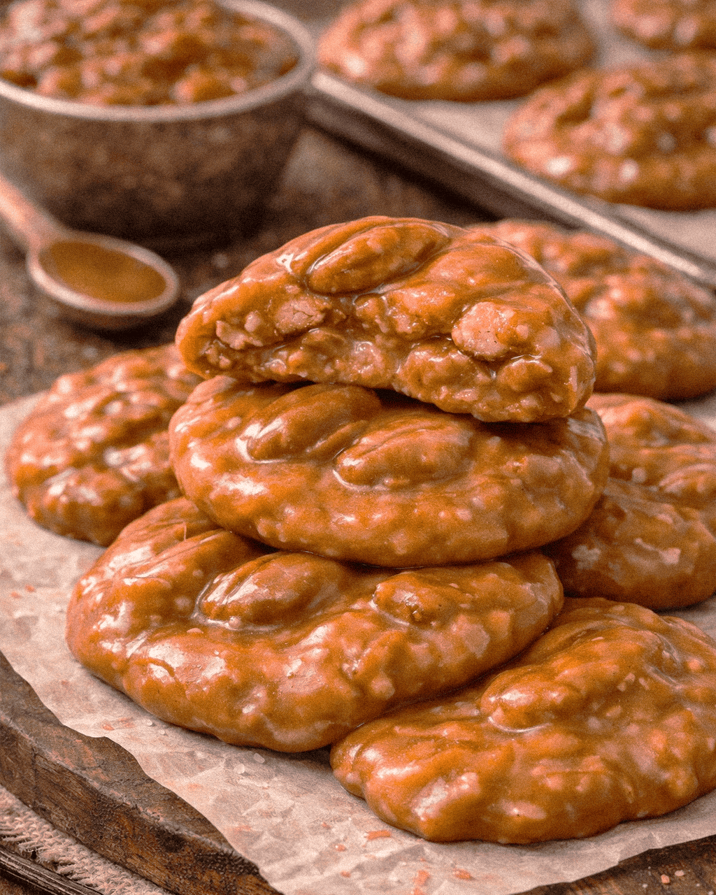Creamy pralines stacked on parchment paper with more pralines on a baking sheet in the background.