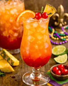 Tropical fruit rum punch cocktail with orange, cherry, and pineapple garnishes in a tall glass.