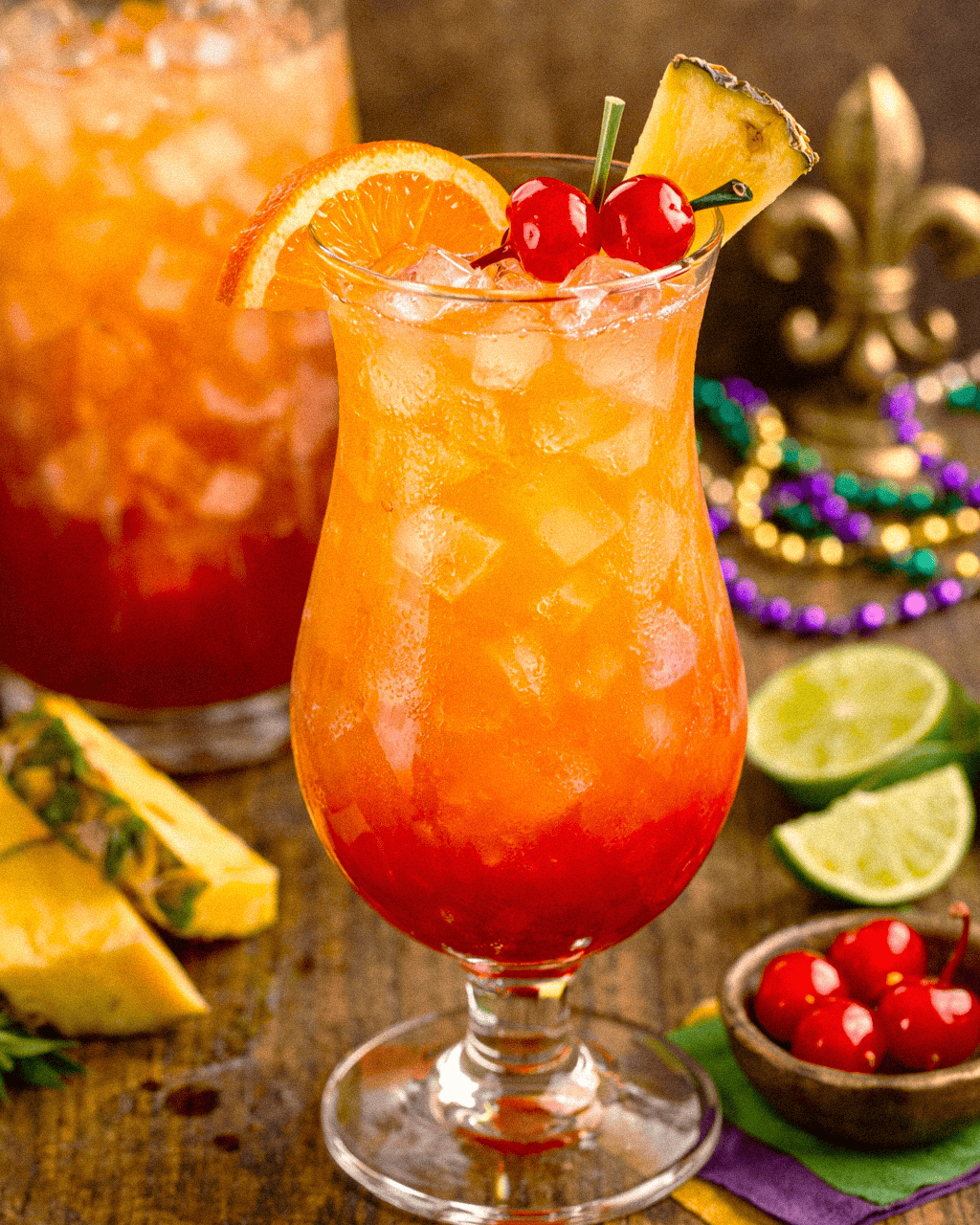 Tropical fruit rum punch cocktail with orange, cherry, and pineapple garnishes in a tall glass.