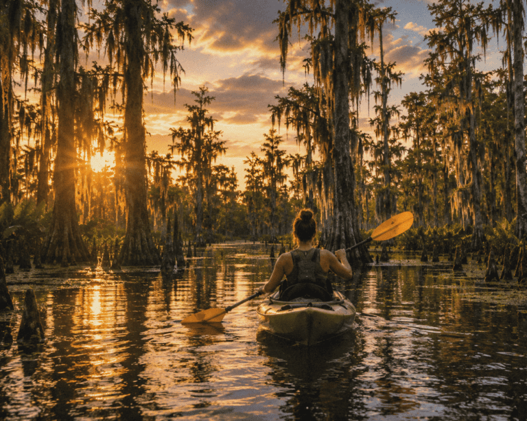 Sunset kayaking through a swampy cypress forest with a person paddling a kayak at sunset.