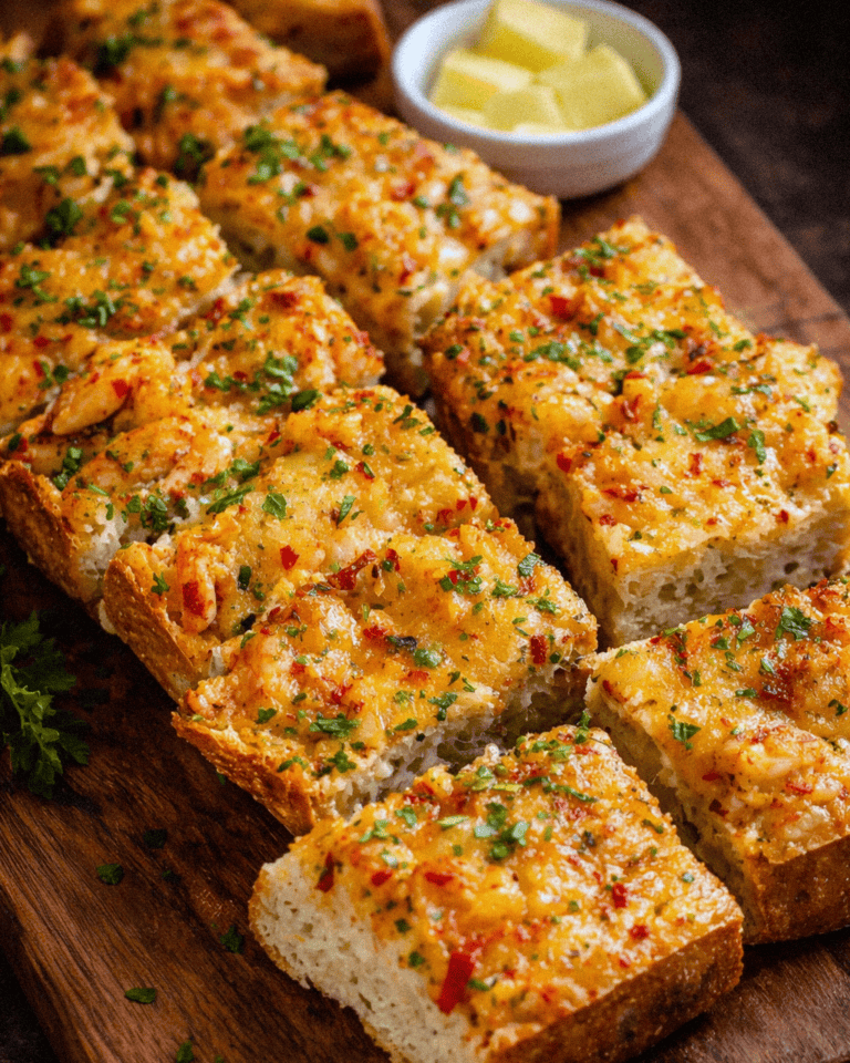 Creamy garlic crawfish bread topped with melted cheese and fresh herbs on a wooden board.