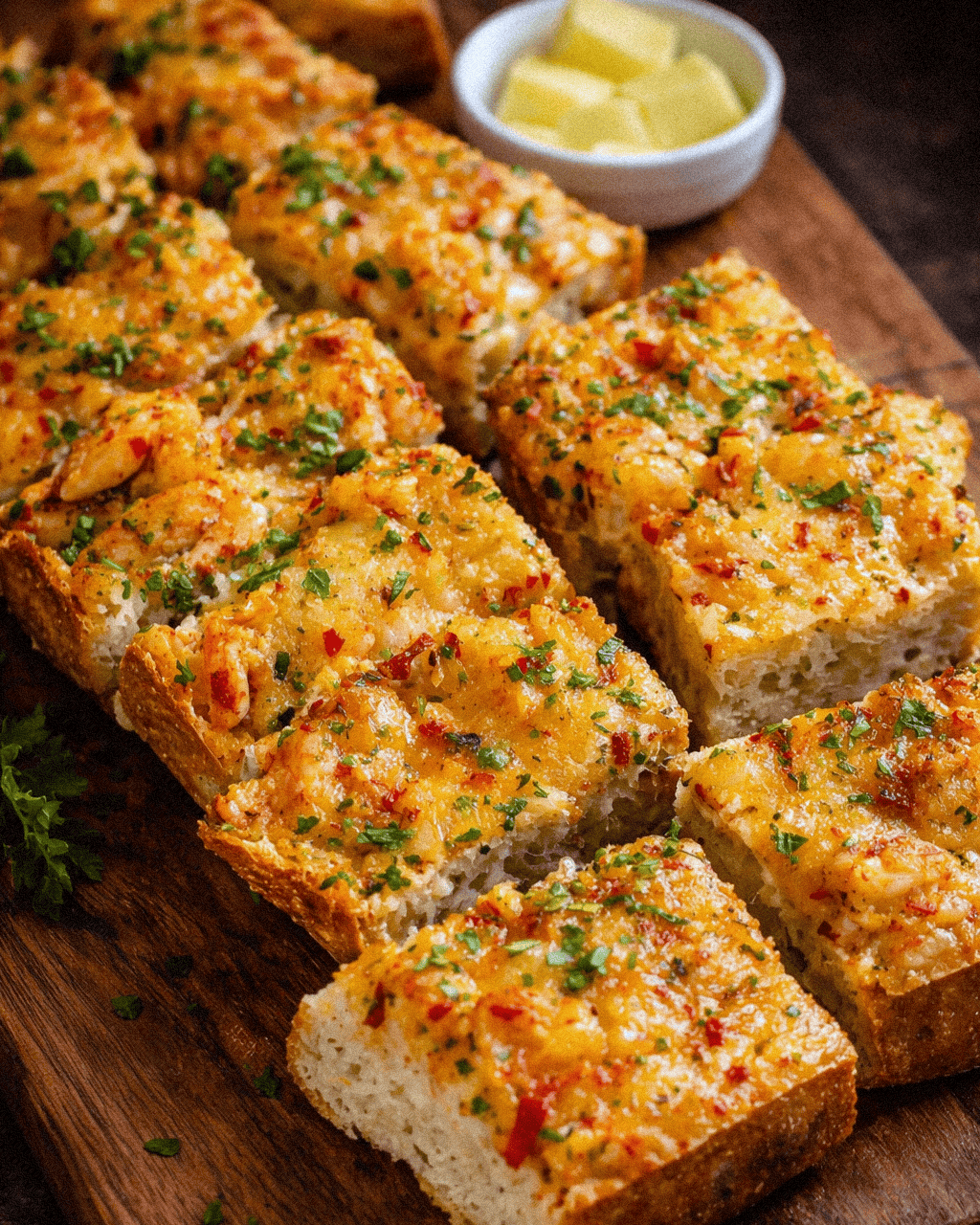 Creamy garlic crawfish bread topped with melted cheese and fresh herbs on a wooden board.