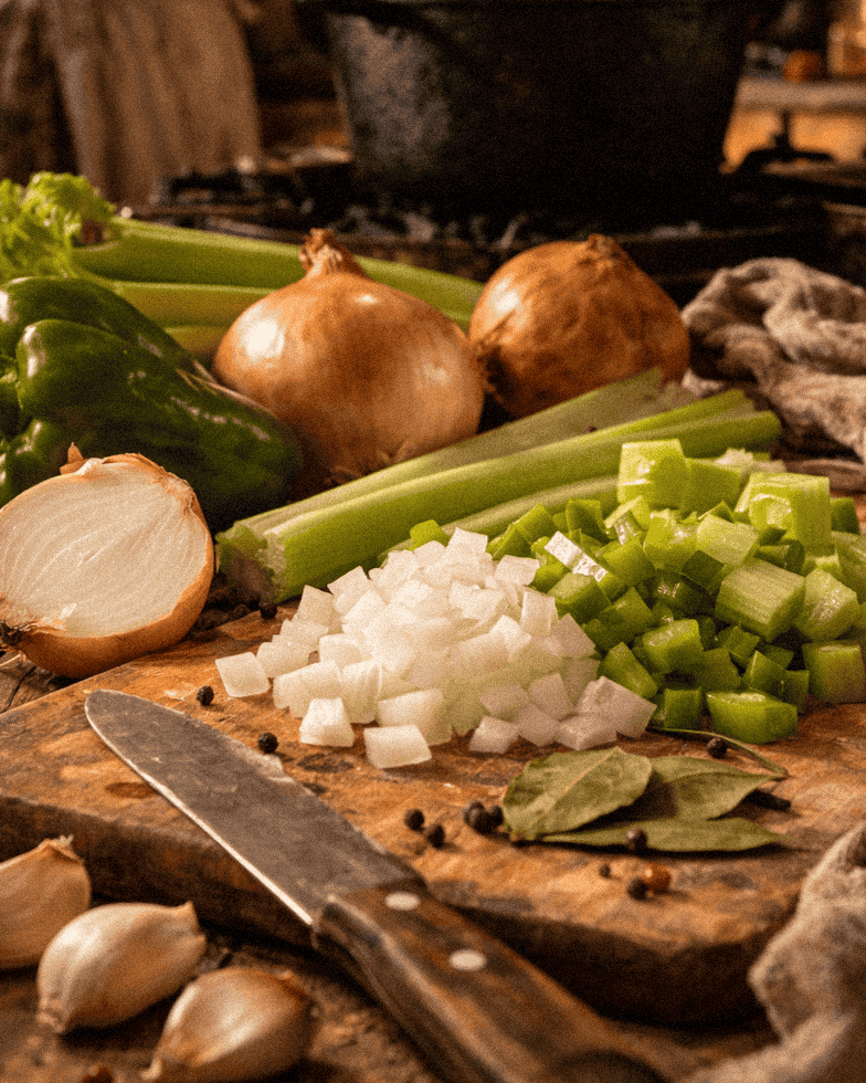 Fresh chopped onions, celery, garlic, and whole onions on a wooden cutting board for cooking.