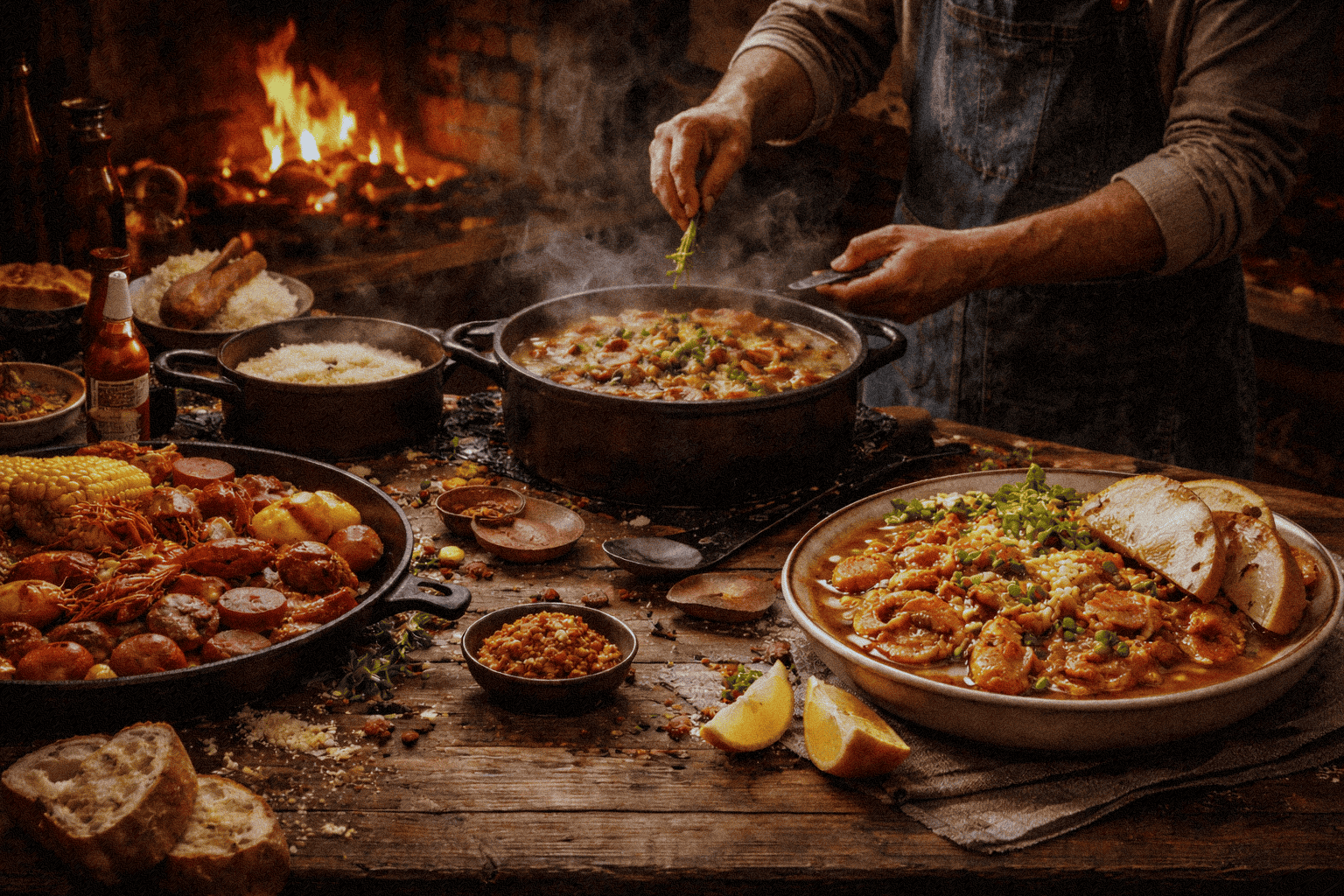 Delicious Louisiana Cajun dishes prepared with fresh ingredients, including crawfish, warm stew and flavorful sauces.