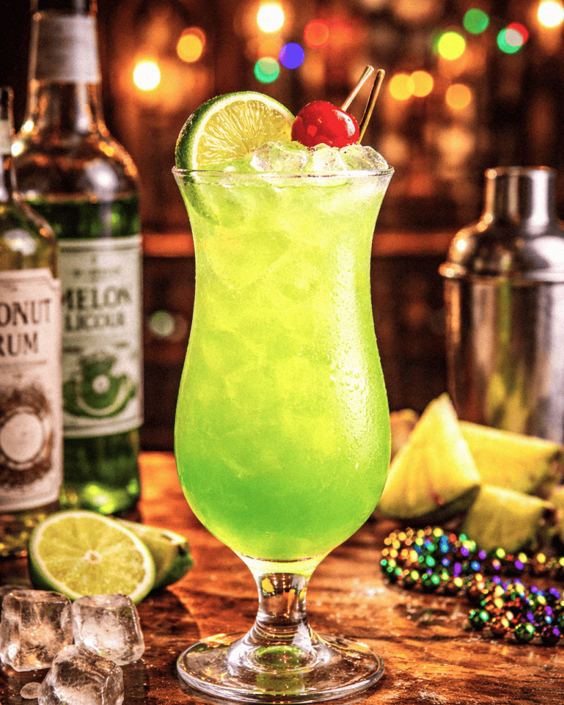 Refreshing New Orleans Hand Grenade green cocktail with lime and cherry garnish in a tall glass, tropical bar setting.