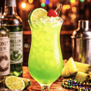 A refreshing green cocktail garnished with lime and cherry, tropical drink with ice.