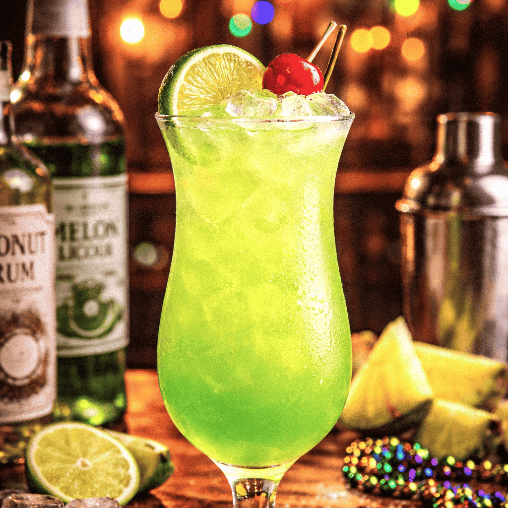 A refreshing green cocktail garnished with lime and cherry, tropical drink with ice.