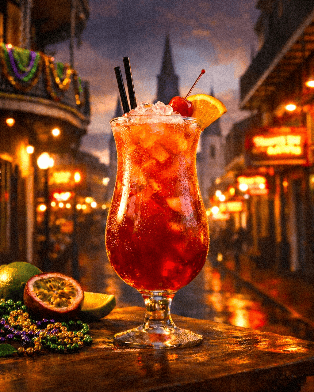 Tropical Louisiana Hurricane cocktail with fruit garnishes on a vibrant city street at sunset.
