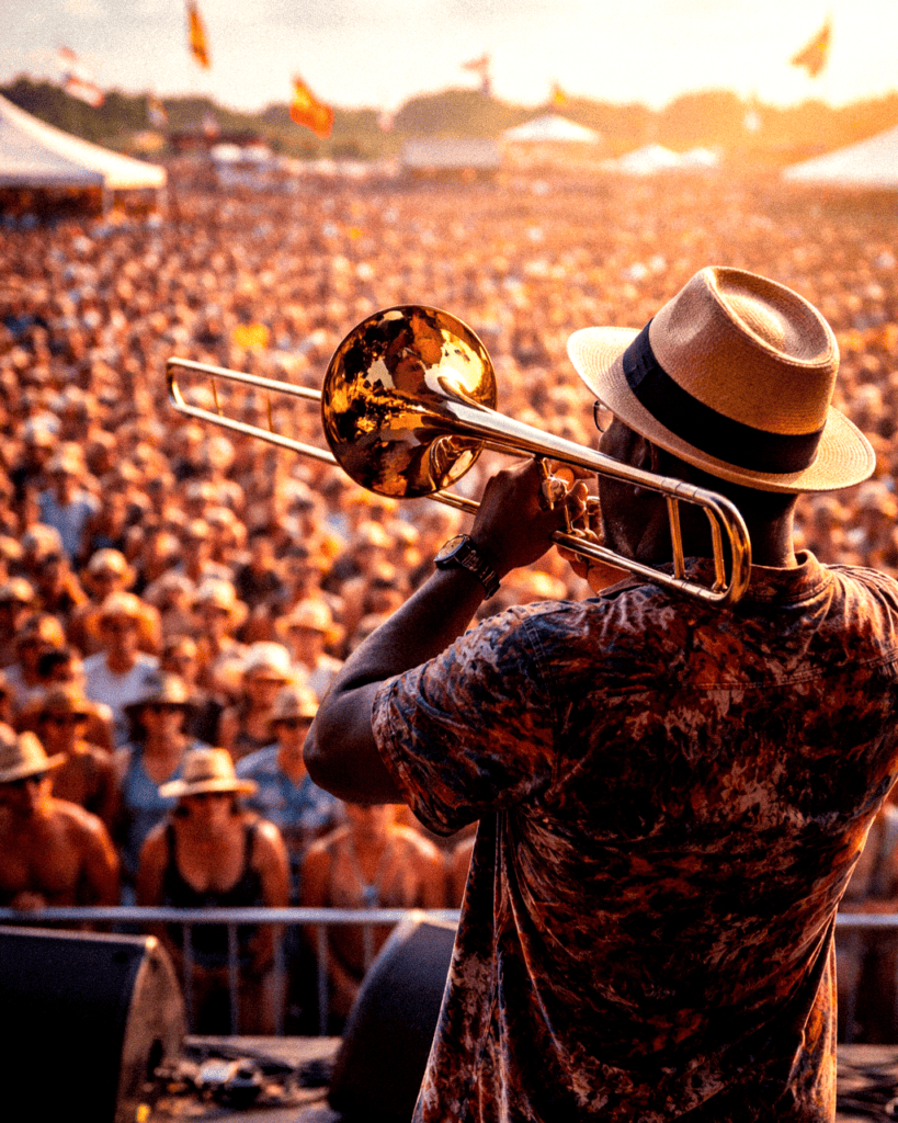 Musician playing trumpet at outdoor Louisiana festival with large crowd and sunset background.