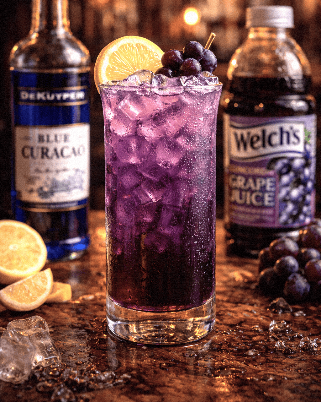Refreshing purple drink grape cocktail with lemon garnish and ice in a tall glass.