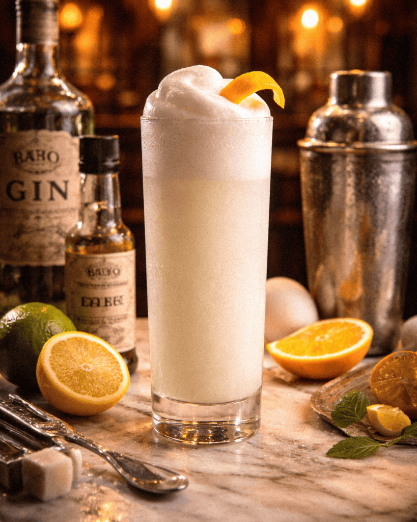 Refreshing Ramos Gin Fizz lemon cocktail with foam garnish in a tall glass on bar counter.