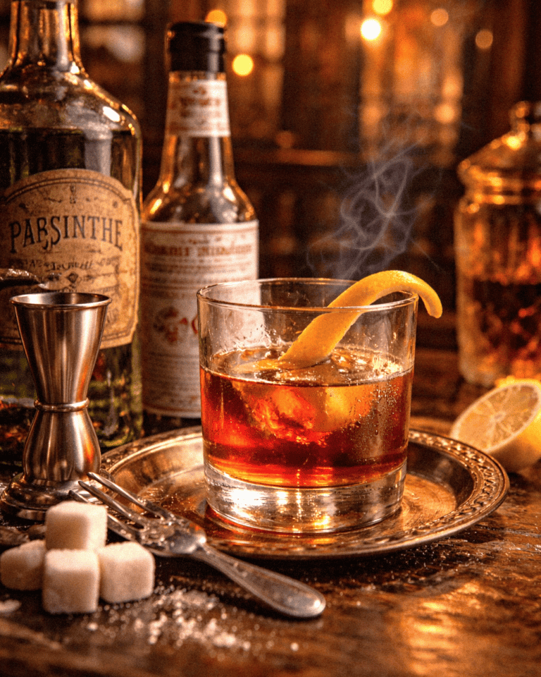 Classic New Orleans Sazerac cocktail with lemon twist on a rustic bar counter with bottles and sugar cubes.