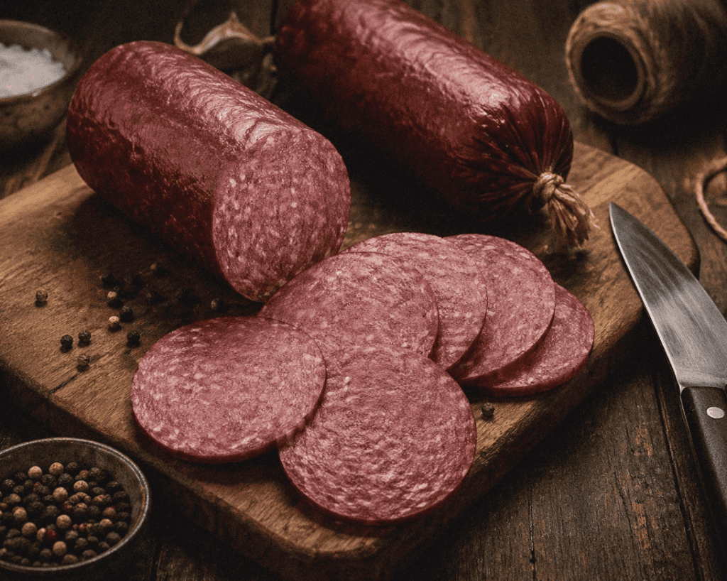 High-quality sliced venison summer sausage with whole sausage on rustic wooden board.