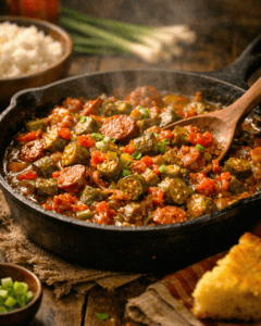 A hearty okra, tomatoes and sausage stew in a cast iron skillet with rice and cornbread.