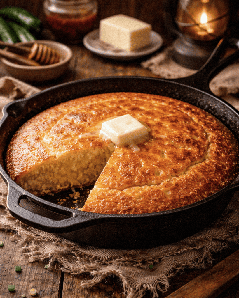 Classic cornbread in a cast iron skillet with butter, rustic kitchen setting.
