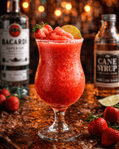 Strawberry daiquiri cocktail with fresh strawberries and lemon garnish on a bar counter.
