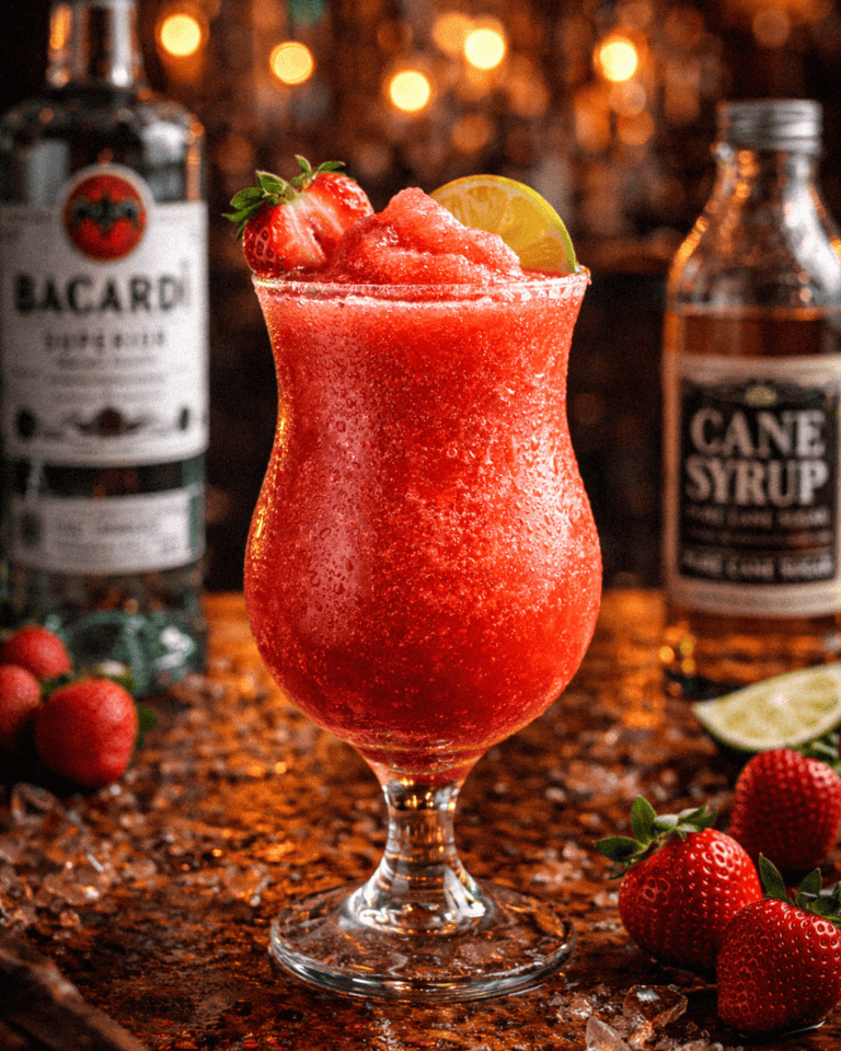 Strawberry daiquiri cocktail with fresh strawberries and lemon garnish on a bar counter.