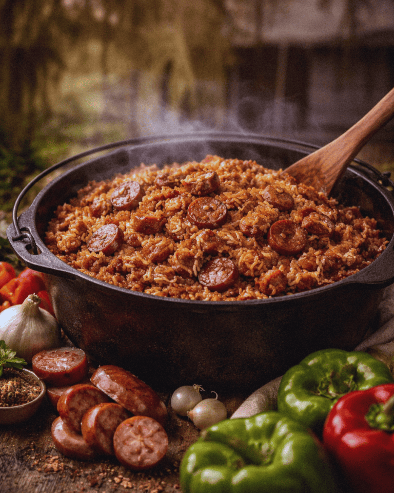 A hearty sausage and rice Jambalaya skillet with fresh vegetables in a rustic setting.