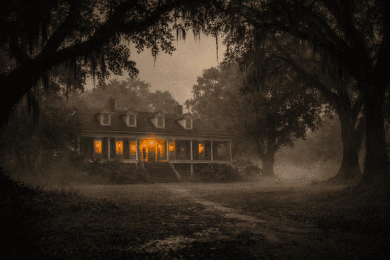 The myrtles plantation old house illuminated in foggy, dark forest setting at night.