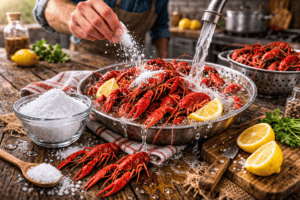 Crawfish being purged with salt and water in a bowl with lemon slices and sea salt on a rustic wooden table.