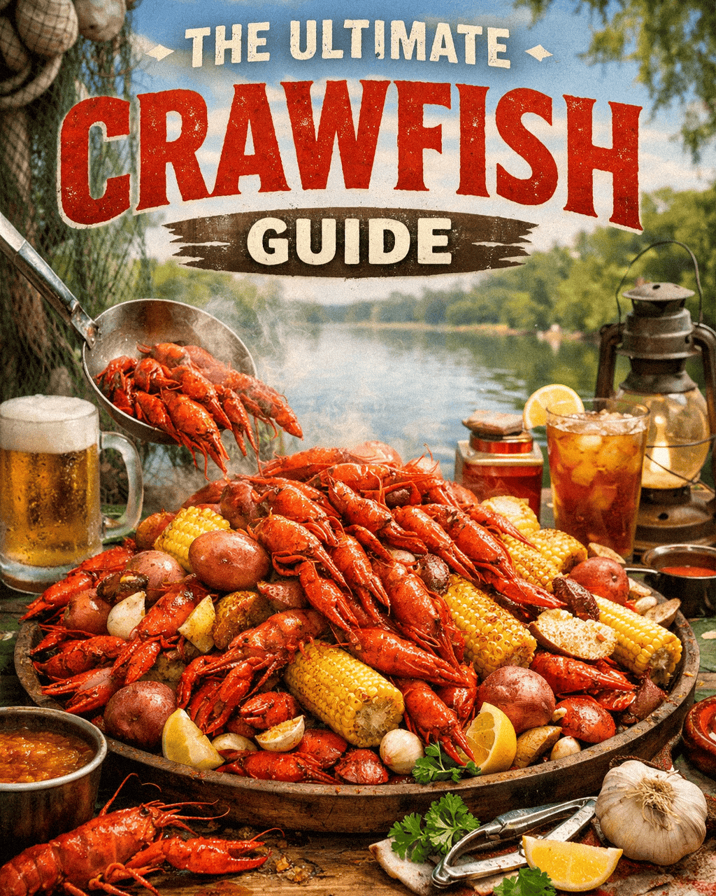 Our crawfish guide with delicious crawfish feast with corn, potatoes, and lemon on a rustic outdoor table.