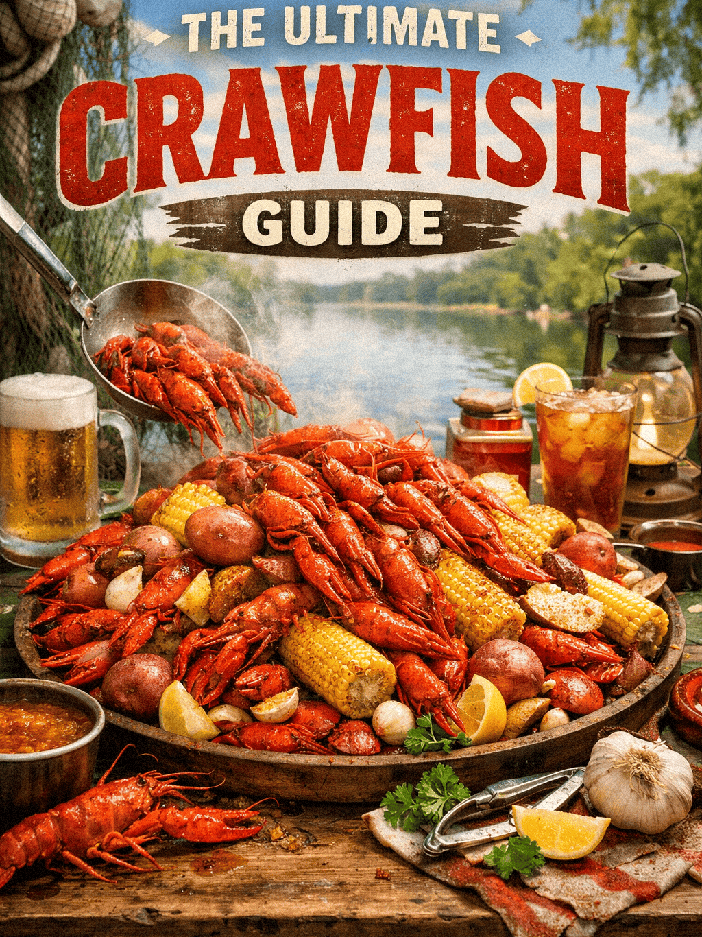 Our crawfish guide with delicious crawfish feast with corn, potatoes, and lemon on a rustic outdoor table.