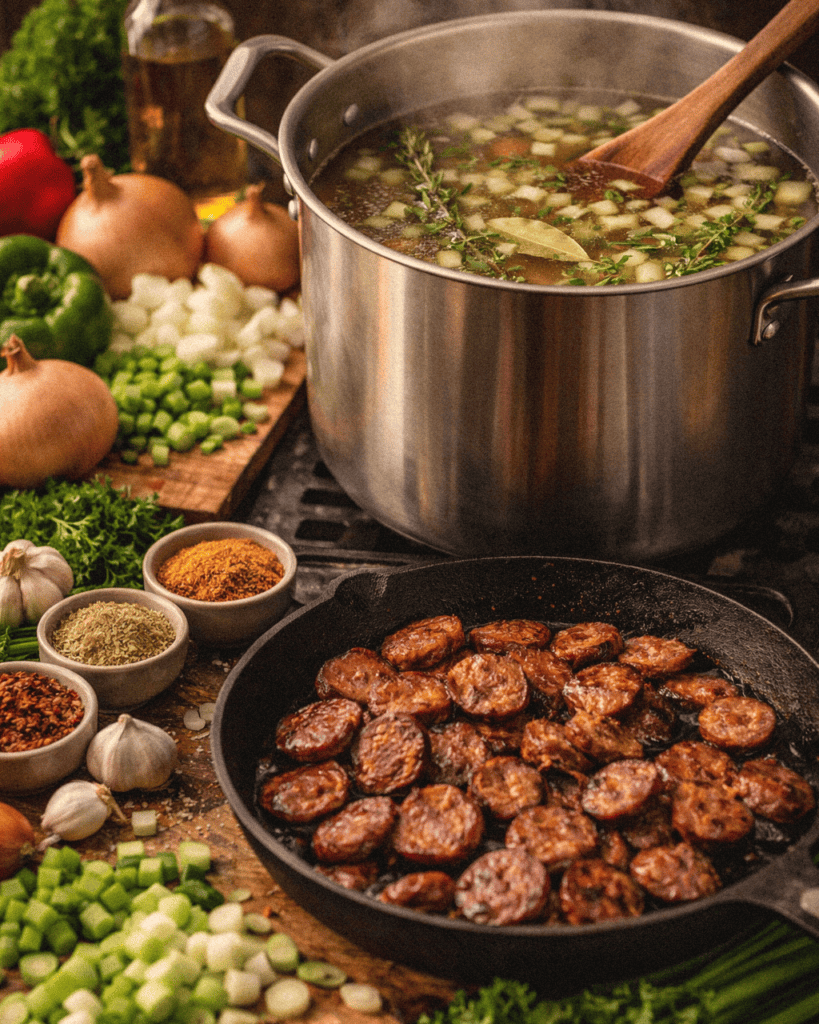 Making jambalaya with browned sausage and stock with fresh ingredients on stove.