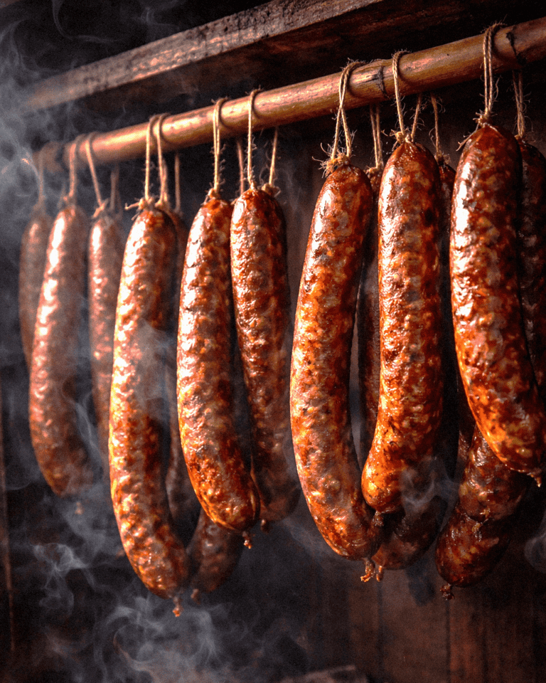 Smoked sausages hanging on a wooden rack with smoke and steam in the background.