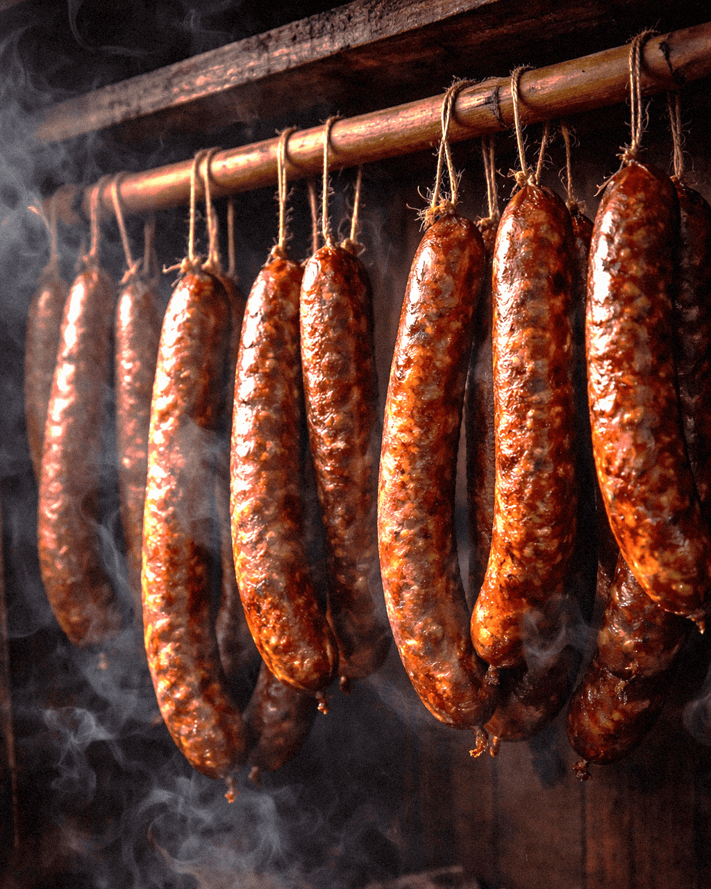 Smoked sausages hanging on a wooden rack with smoke and steam in the background.