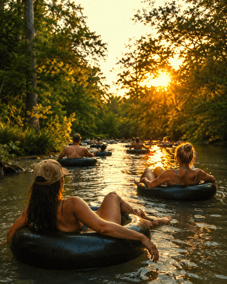 Relaxing float trip on a river at sunset with people in inner tubes surrounded by trees.