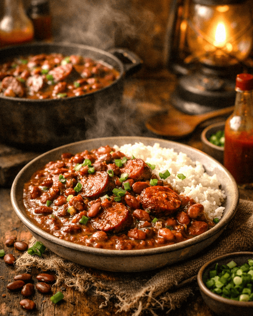 Hearty red beans and sausage served with rice, garnished with green onions, cozy kitchen setting.